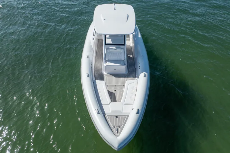  Yacht Photos Pics Aerial view of 2025 Airship 340 boat on calm water.