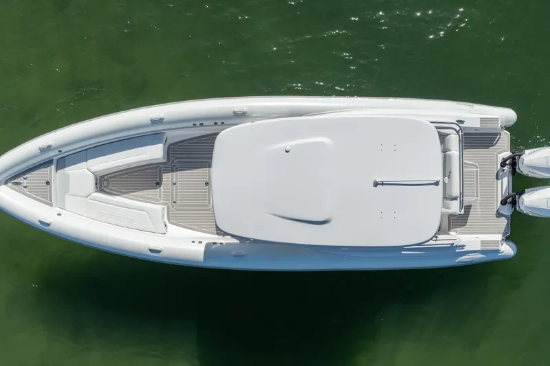  Yacht Photos Pics Overhead view of 2025 Airship 340 boat on green water.