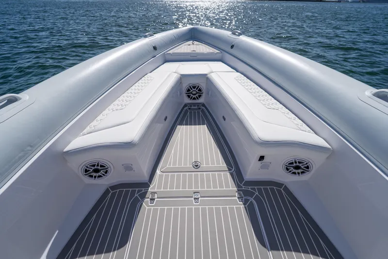  Yacht Photos Pics Luxurious Airship 340 boat interior, 2025 model, featuring sleek white seating and modern design.