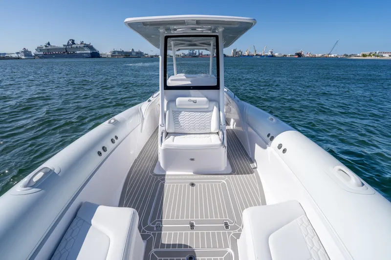  Yacht Photos Pics 2025 Airship 340 boat on water, featuring sleek design and spacious deck.