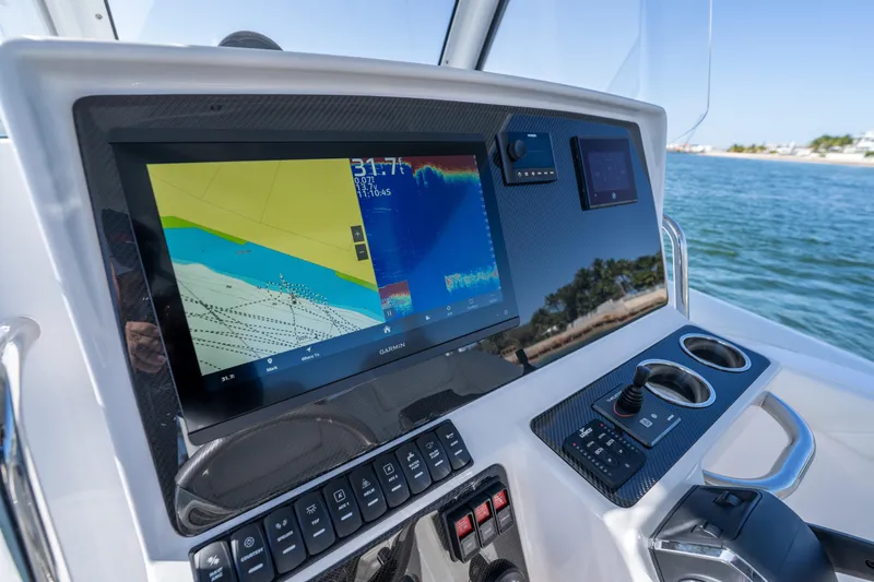  Yacht Photos Pics Cockpit of 2025 Airship 340 with advanced navigation display and controls.