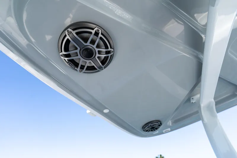  Yacht Photos Pics 2025 Airship 340 boat speaker system against clear blue sky.