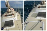 Sailing yacht BOUVIER/JOUFFRAY BILINGA 1976 on open sea, deck view, sunny day.