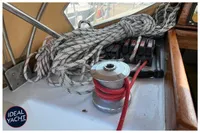 Deck of 1976 BOUVIER/JOUFFRAY BILINGA yacht with ropes and winch.