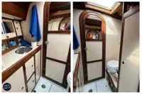1976 BOUVIER/JOUFFRAY BILINGA yacht bathroom with sink, toilet, and storage cabinets.