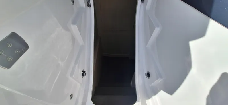 Bella Vita Yacht Photos Pics Stairway on 2020 Azimut Magellano 66 yacht, featuring sleek white interior design.