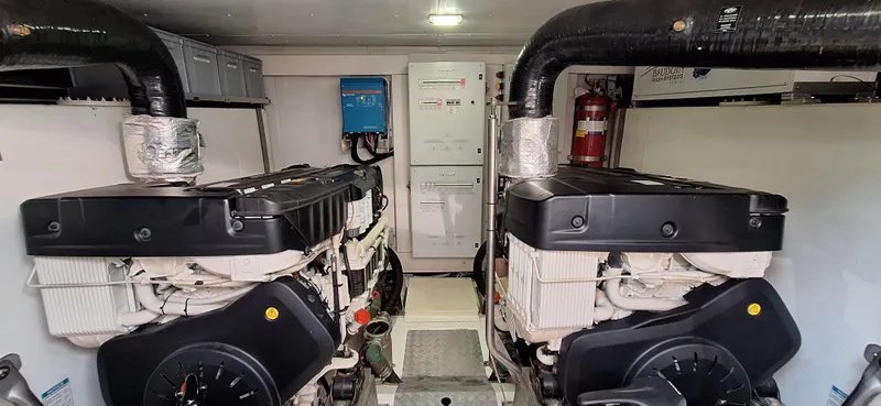 Bella Vita Yacht Photos Pics Engine room of 2020 Azimut Magellano 66 yacht with dual engines and equipment.