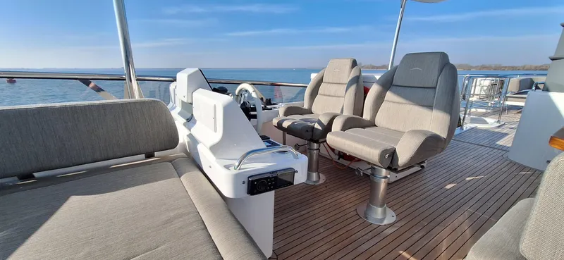Bella Vita Yacht Photos Pics Flybridge of 2020 Azimut Magellano 66 yacht with seating and ocean view.