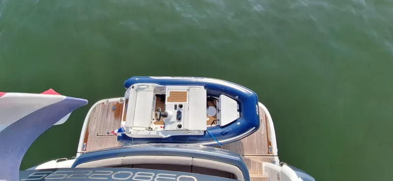 Bella Vita Yacht Photos Pics Overhead view of 2020 Azimut Magellano 66 yacht with tender on deck.