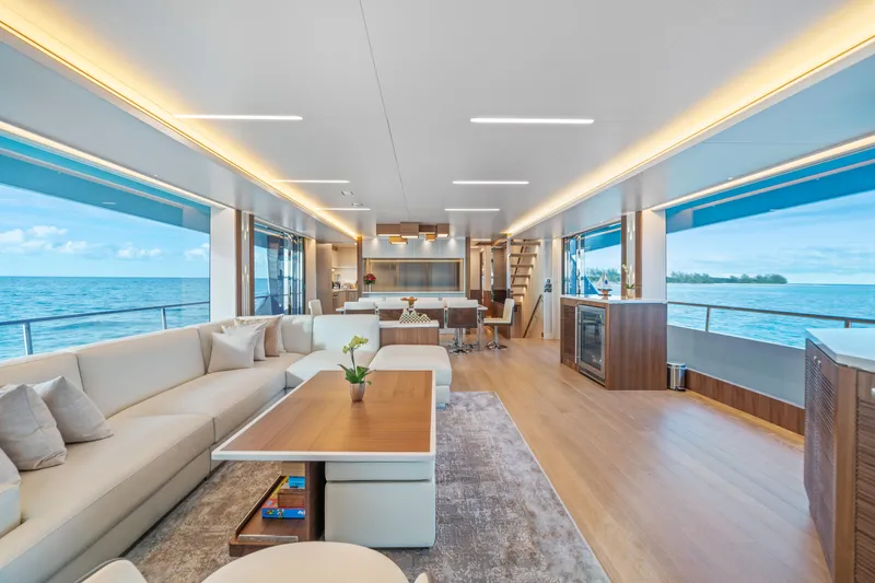 Rio Yacht Photos Pics Luxurious interior of 2023 Horizon FD90 yacht with ocean view and modern furnishings.