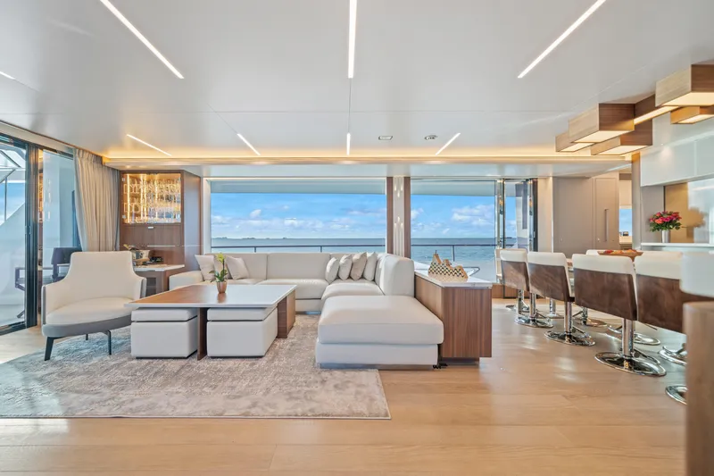 Rio Yacht Photos Pics Luxurious interior of 2023 Horizon FD90 yacht with modern furnishings and ocean view.