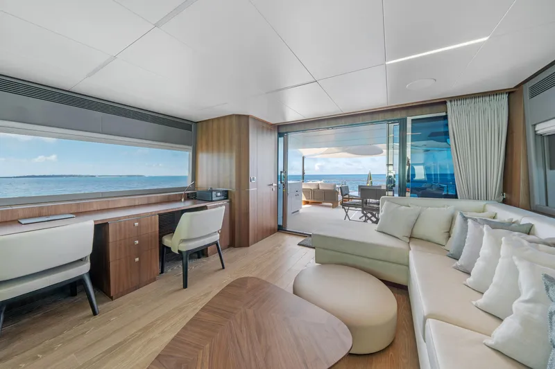 Rio Yacht Photos Pics Luxurious interior of 2023 Horizon FD90 yacht with ocean view and elegant furnishings.