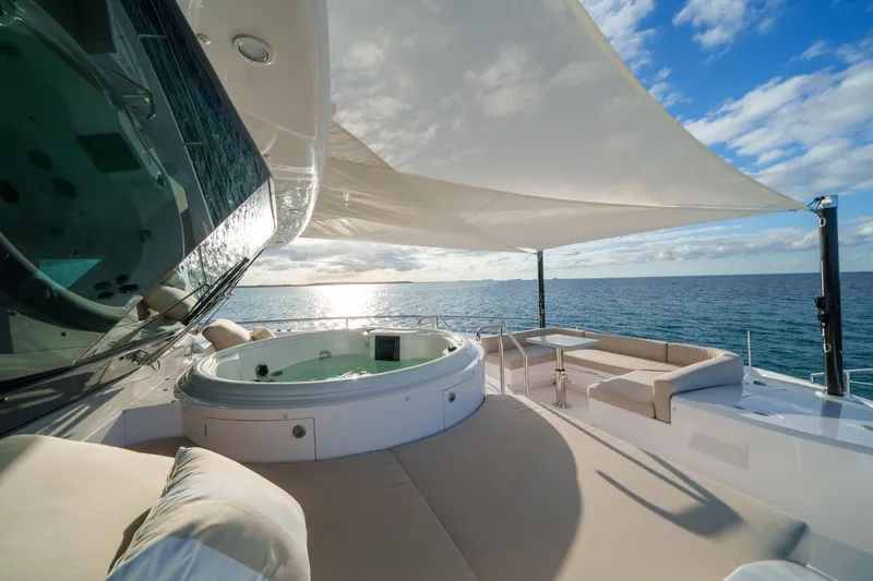 Rio Yacht Photos Pics Luxurious Horizon FD90 yacht deck with jacuzzi, seating, and ocean view, 2023 model.