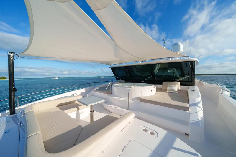 Rio Yacht Photos Pics Luxurious 2023 Horizon FD90 yacht deck with seating and ocean view.