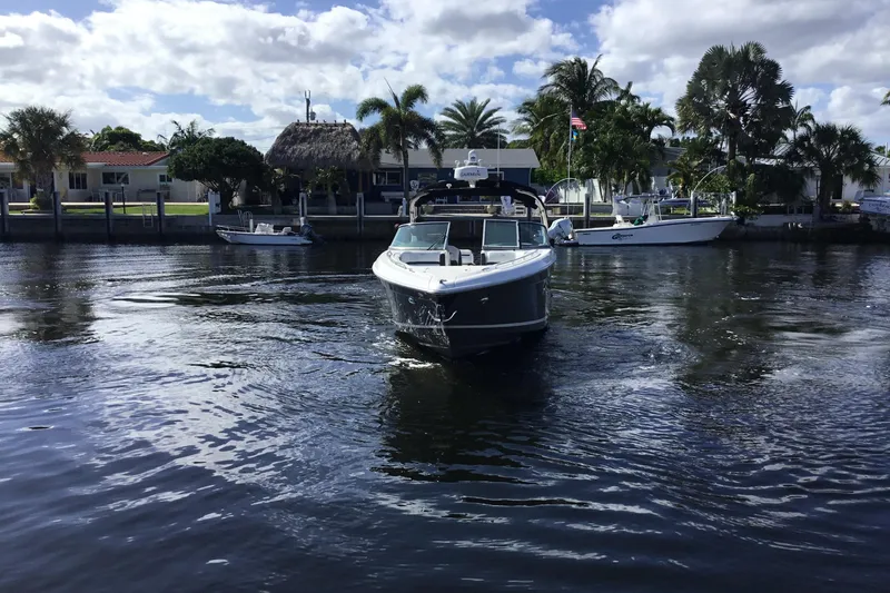 Enbarr Yacht Photos Pics 2017 Regal 3200 Bowrider cruising on a sunny waterfront with palm trees.