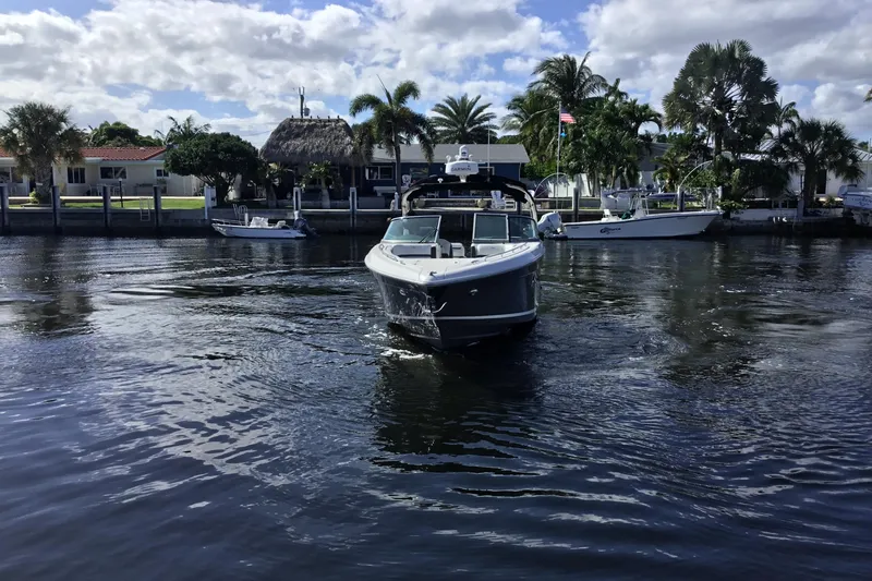 Enbarr Yacht Photos Pics 2017 Regal 3200 Bowrider cruising on a sunny waterfront with palm trees.
