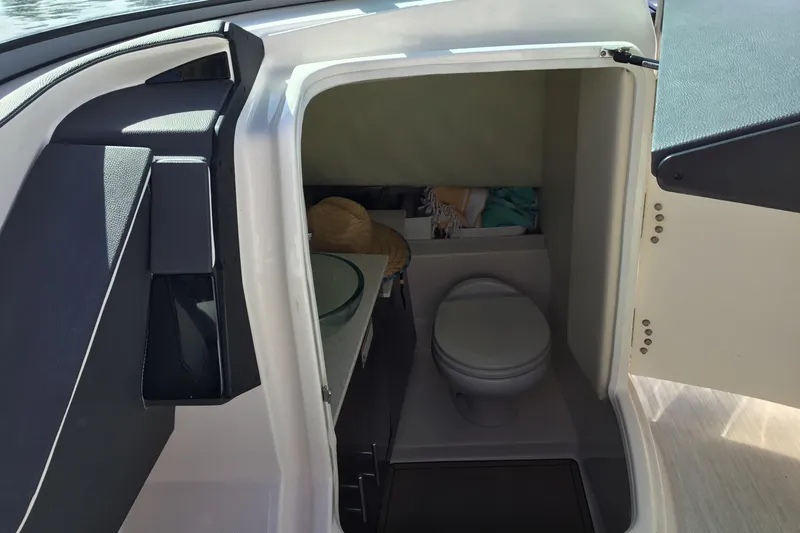 Enbarr Yacht Photos Pics 2017 Regal 3200 Bowrider boat interior with compact bathroom and storage space.