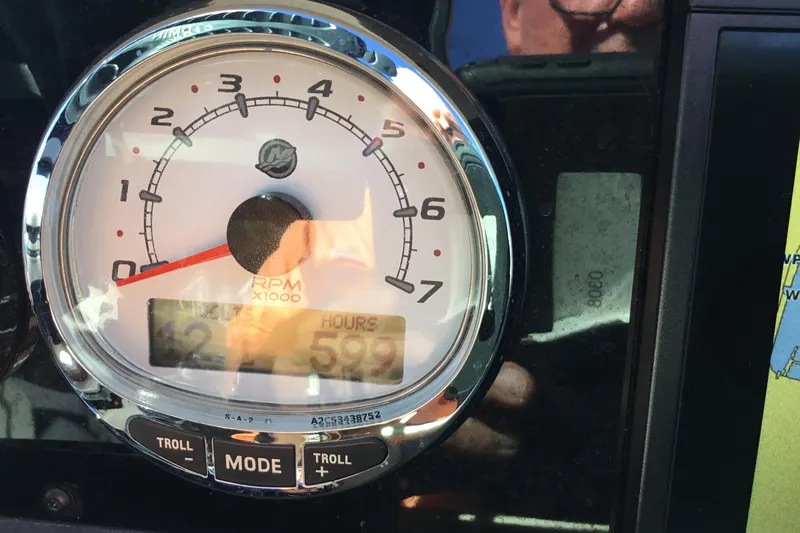 Enbarr Yacht Photos Pics Close-up of a 2017 Regal 3200 Bowrider tachometer displaying RPM and engine hours.