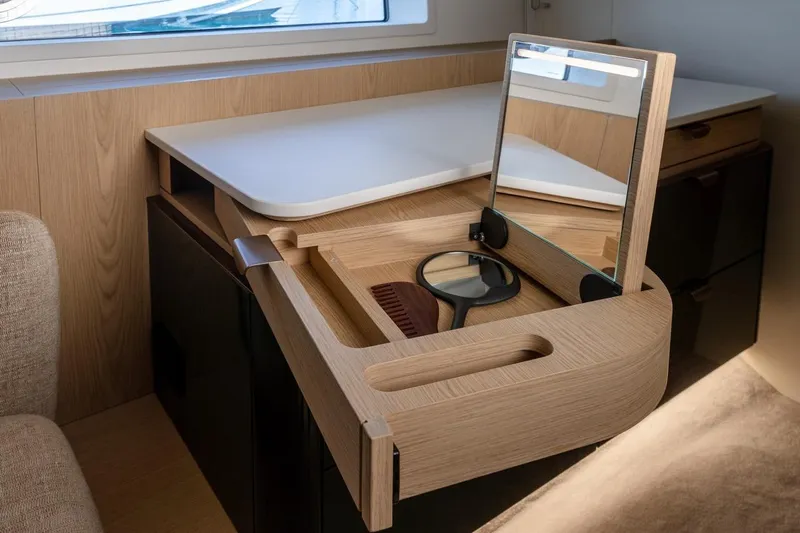  Yacht Photos Pics Luxurious vanity area on 2025 Azimut Fly 62 yacht with mirror and accessories.