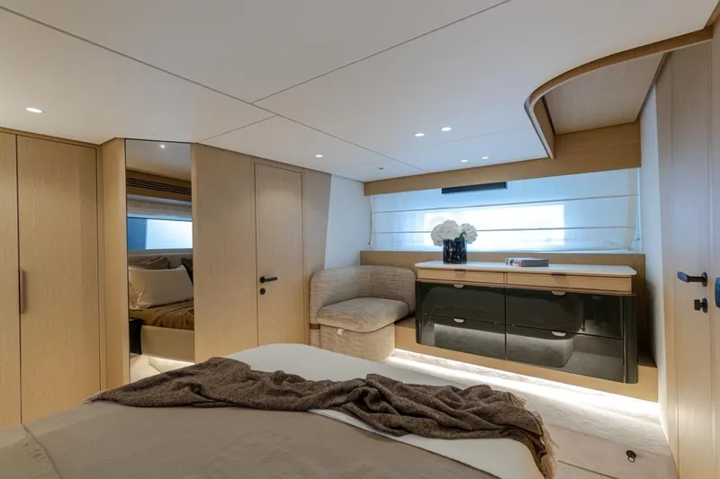  Yacht Photos Pics Luxurious interior of 2025 Azimut Fly 62 yacht, featuring elegant bedroom design.