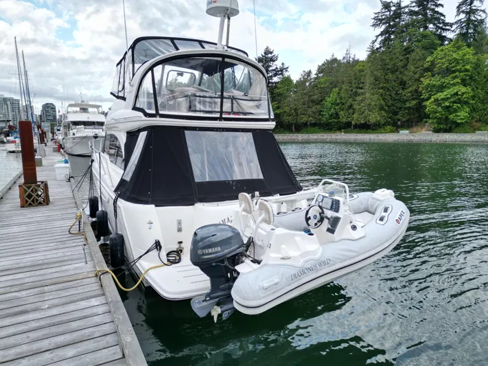 Diamonds Wild Yacht Photos Pics 2006 Meridian 411 Sedan yacht docked with inflatable boat, surrounded by water and trees.