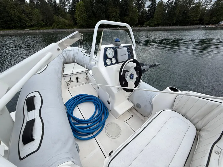 Diamonds Wild Yacht Photos Pics Interior view of a 2006 Meridian 411 Sedan boat with steering wheel and blue hose.