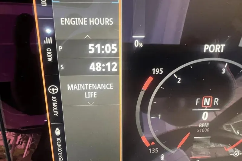  Yacht Photos Pics Dashboard of 2023 Sea Ray SLX 400 showing engine hours and RPM gauge.