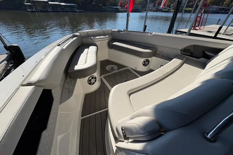  Yacht Photos Pics 2023 Sea Ray SLX 400 boat interior with luxurious seating and waterfront view.