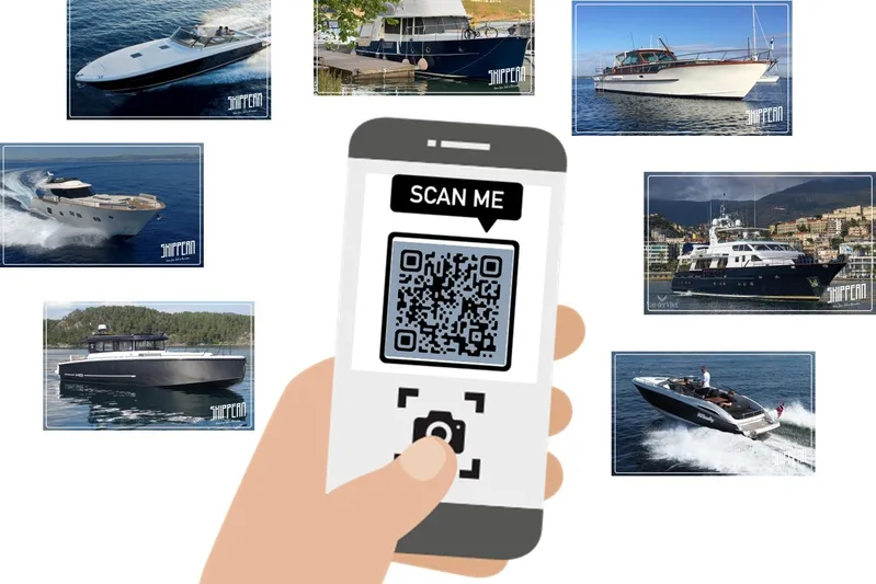 Yacht Photos Pics Smartphone scanning QR code with various luxury boats, GRAND OCEAN 37, 2026 model.
