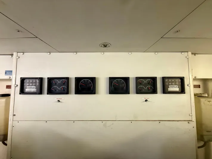 Cavileah Yacht Photos Pics Control panel of 1997 West Bay Sonship 58 Pilothouse with gauges and indicators.