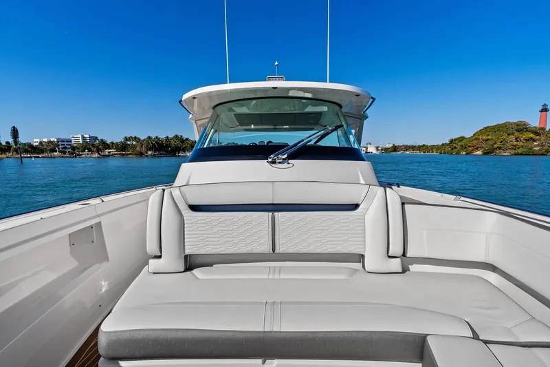 Miss Marie Yacht Photos Pics 2019 Tiara Yachts 38 LS luxury boat interior with scenic water view.