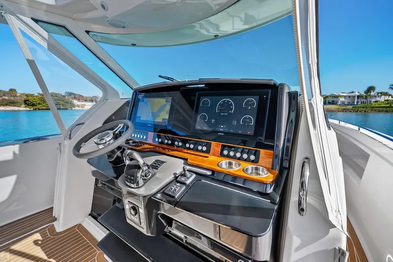 Miss Marie Yacht Photos Pics 2019 Tiara Yachts 38 LS helm with modern controls and navigation display.
