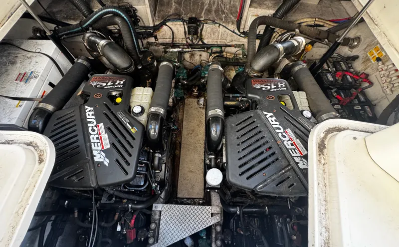 Celtic Dreams Yacht Photos Pics Engine room of a 2007 Sea Ray 38 Sundancer with twin Mercury engines.