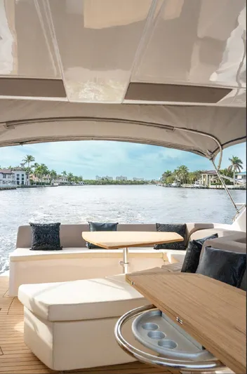  Yacht Photos Pics 2024 Sessa Marine C44 Cruiser interior with elegant seating and scenic waterfront view.