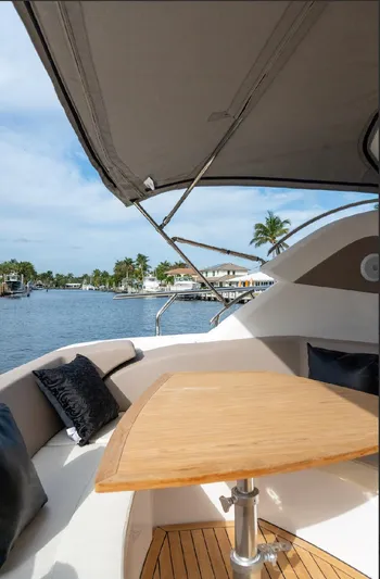  Yacht Photos Pics 2024 Sessa Marine C44 Cruiser deck with table, cushions, and waterfront view.