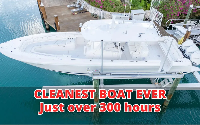  Yacht Photos Pics 2019 Intrepid 400 Center Console boat docked, labeled "Cleanest Boat Ever, Just over 300 hours."