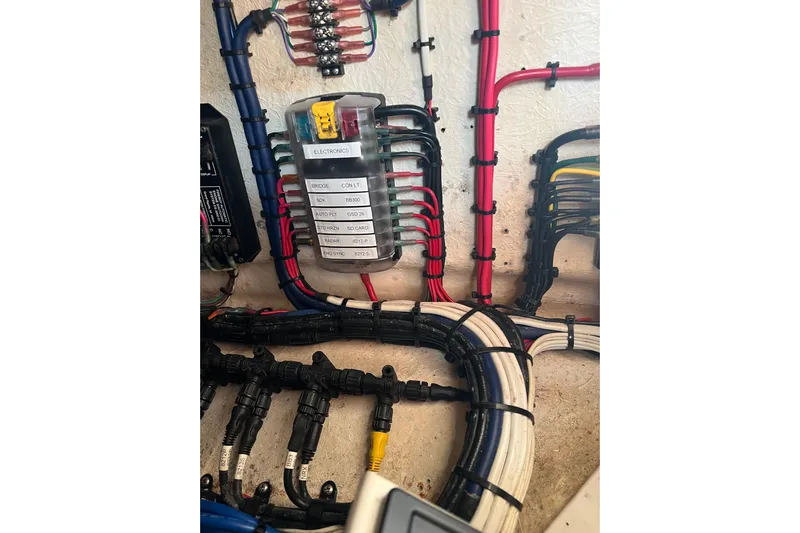 Reel Carolina II Yacht Photos Pics Electrical wiring system in a 2002 Out Island 38 Express Fisherman boat.