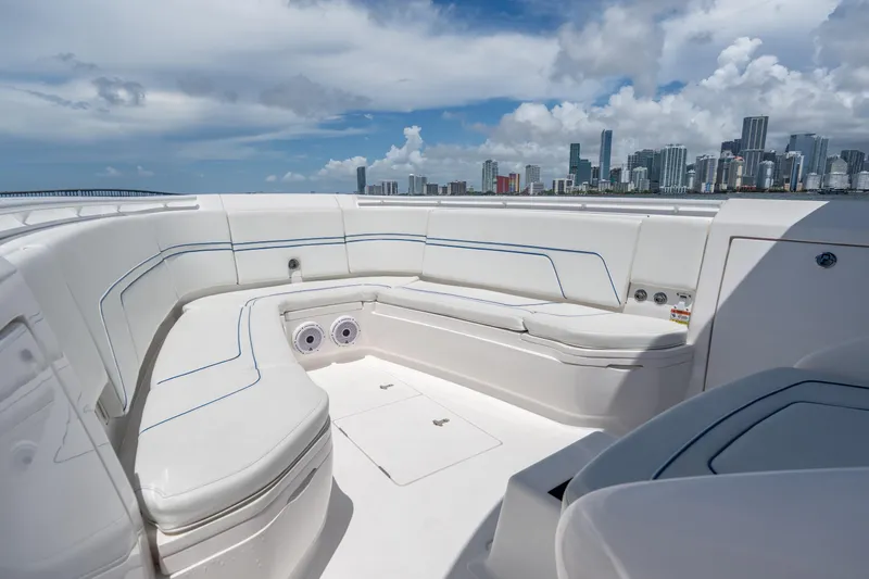  Yacht Photos Pics 2021 Intrepid 345 Nomad FE boat interior with city skyline in background.