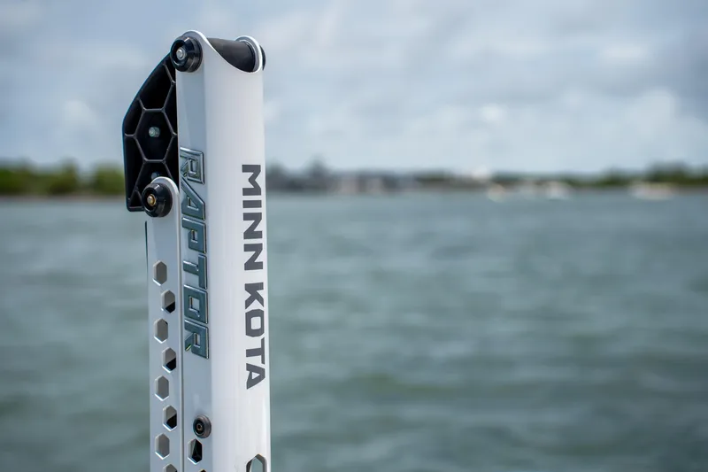  Yacht Photos Pics Minn Kota Raptor anchor on 2021 Intrepid 345 Nomad FE, with water in the background.