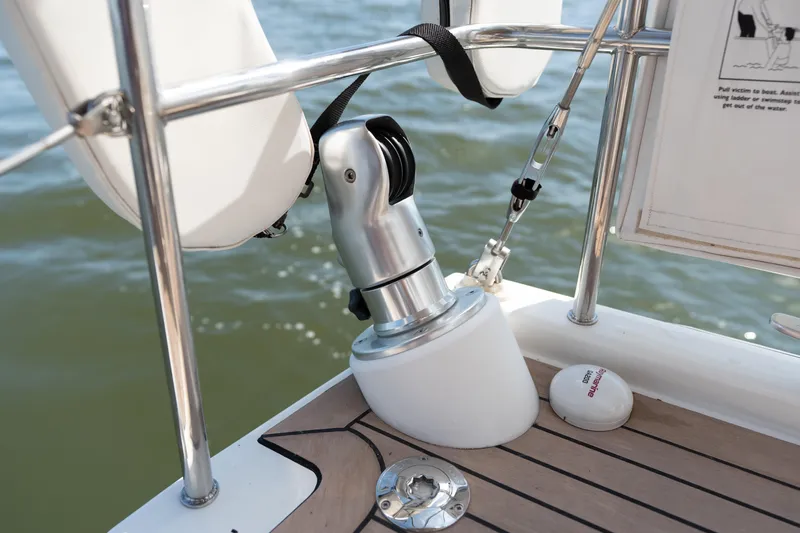 Lunar Sea Yacht Photos Pics Dufour 390 sailboat deck detail, featuring modern fittings and safety equipment, 2023 model.