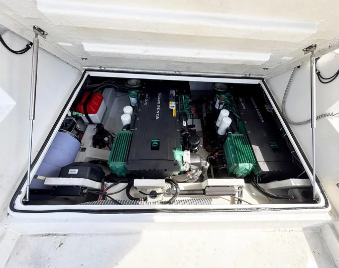 Wanderlust Yacht Photos Pics Engine compartment of 2015 Beneteau Gran Turismo 44 with dual Volvo Penta engines.