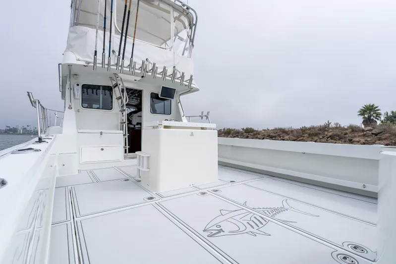  Yacht Photos Pics 2018 Lindell 46 F boat deck with fishing rod holders and fish design.