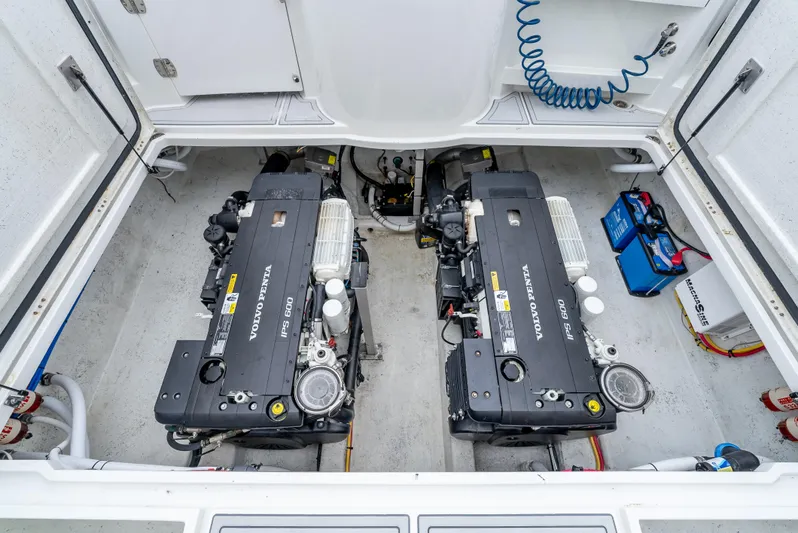  Yacht Photos Pics Engine room of 2018 Lindell 46 F with dual Volvo Penta engines.