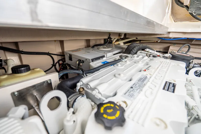  Yacht Photos Pics Engine compartment of 2009 Sea Ray 470 Sundancer, showcasing detailed mechanical components.