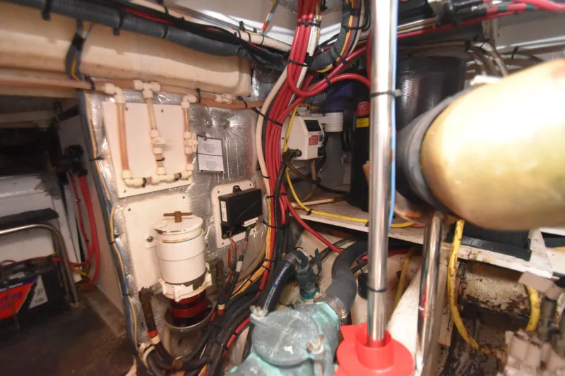 Sea Marie Yacht Photos Pics Engine room of 2007 Silverton 38 Convertible with wiring and mechanical components.