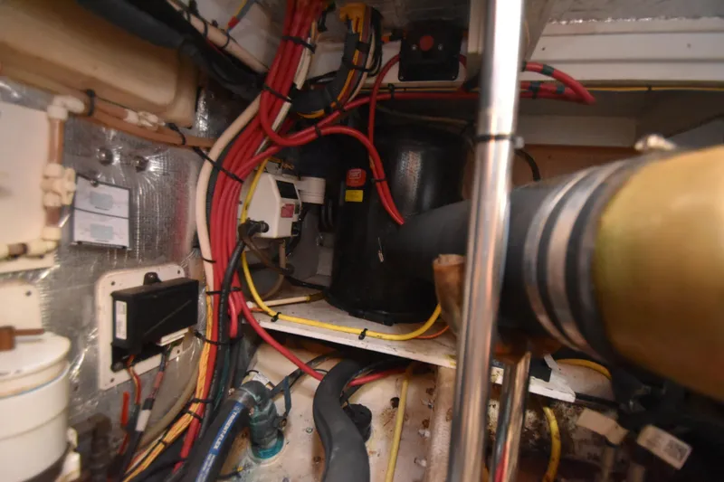 Sea Marie Yacht Photos Pics Engine room of 2007 Silverton 38 Convertible with wiring and mechanical components.