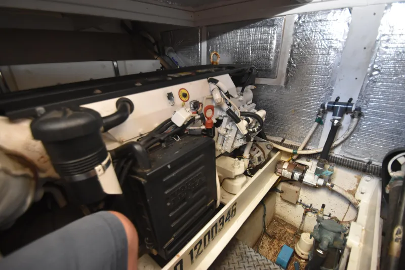 Sea Marie Yacht Photos Pics Engine room of 2007 Silverton 38 Convertible boat with visible components and wiring.