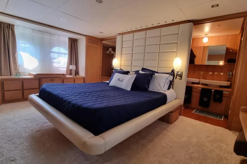 Red Rose Yacht Photos Pics Luxurious bedroom interior on 2010 Aicon 85 yacht with modern design and elegant furnishings.