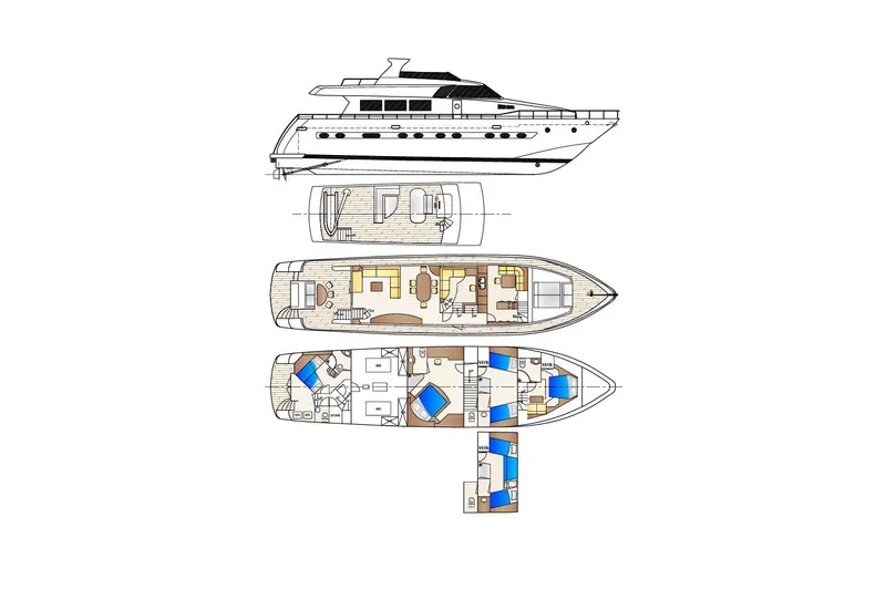  Yacht Photos Pics Blueprint of 1995 PR Marine 82 yacht, showcasing detailed deck and interior layouts.