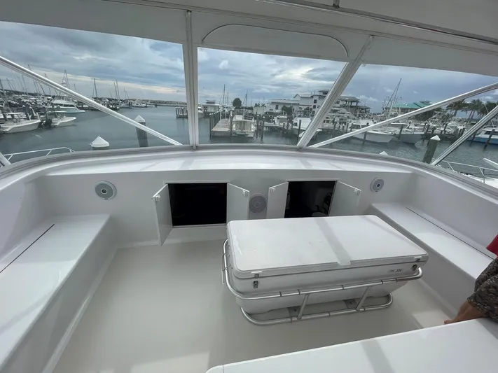 Red Witch Yacht Photos Pics 2001 Custom Carolina Lydia 57 Sportfish boat interior with open storage and marina view.